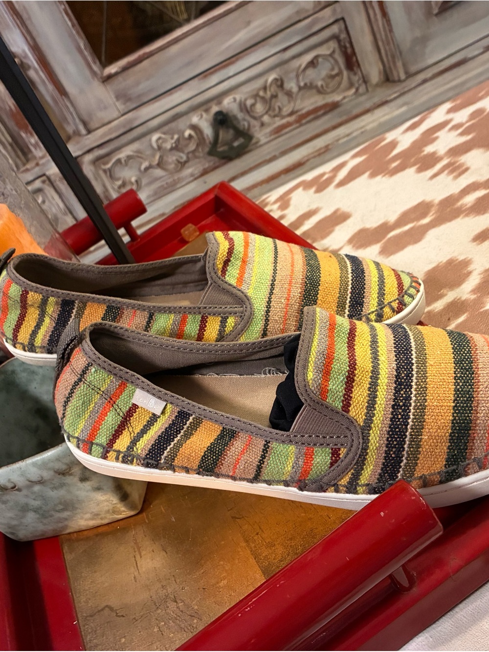 Sanuk Women's Multicolor Stripe Slip-On Moccasins - Yellow, Green, Black size 10
